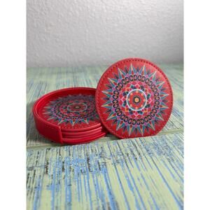 Oxcart Wheel Coaster Set (4) w/ Holder Mandala Ethnic Art Home Decor Hippie
